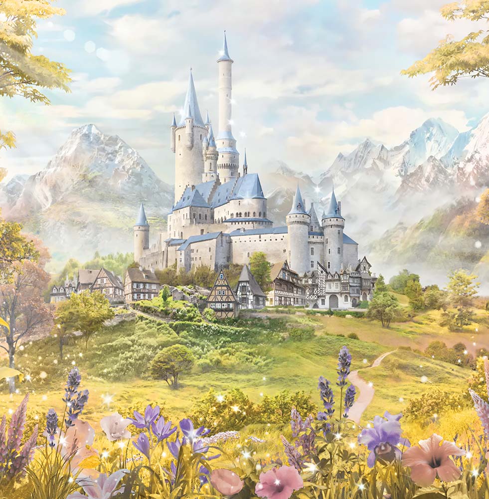 Kids Wall Mural Princess Castle Fairytale Meadow Mountains Wallpaper for Girl