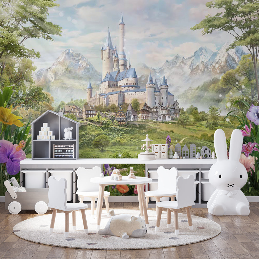 Kids Wall Mural Princess Castle Fairytale Meadow Flowers Wallpaper for Girl