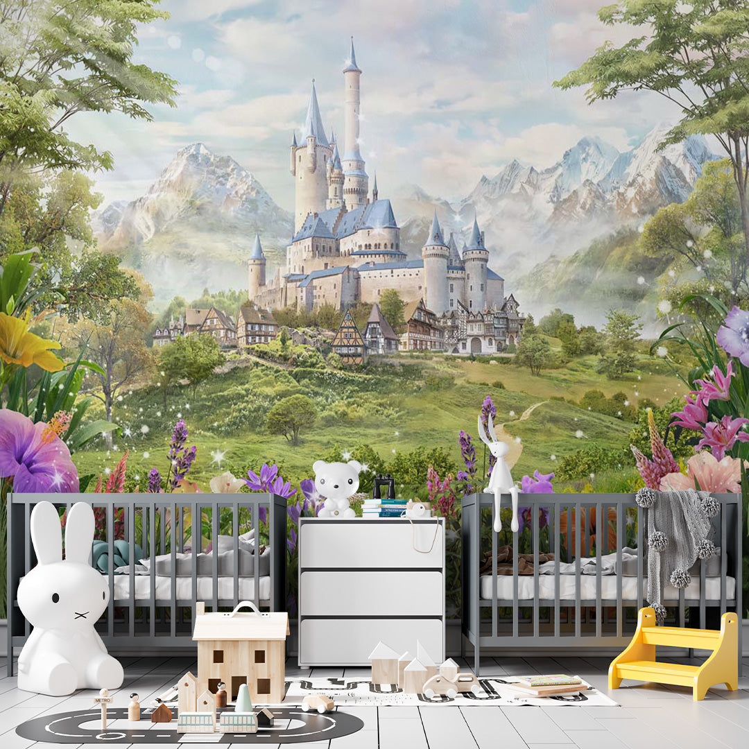 Fairytale nursery wallpaper with a grand castle, mountain village, green forest, colorful flowers, and sparkling lights.