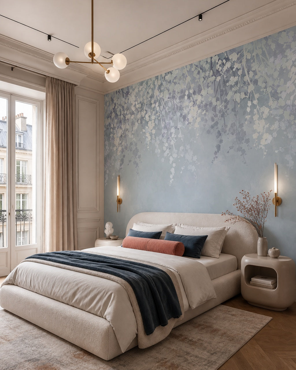 Wisteria wallpaper in a designer bedroom.