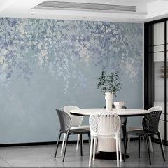 Custom Elegant Wisteria and Blossoms Wall Mural - Delicate White and Lavender Floral Design on Soft Blue Background Wallpaper