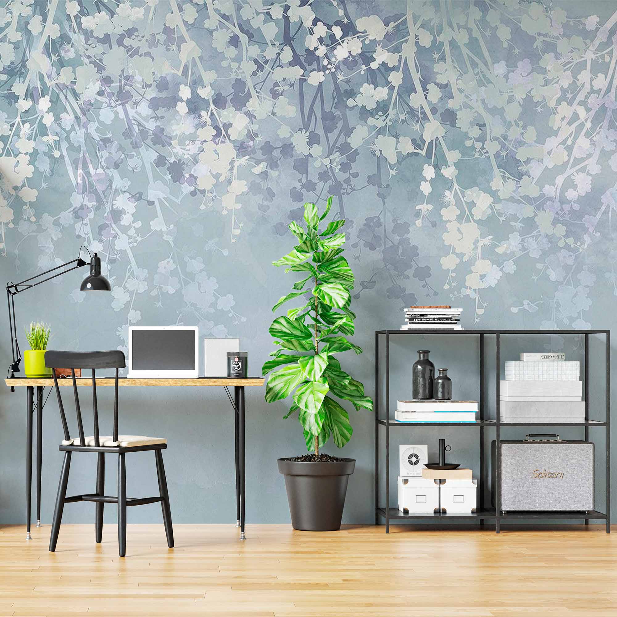 Elegant Wisteria and Blossoms Wall Mural - Delicate White and Lavender Floral Design on Soft Blue Background Wallpaper