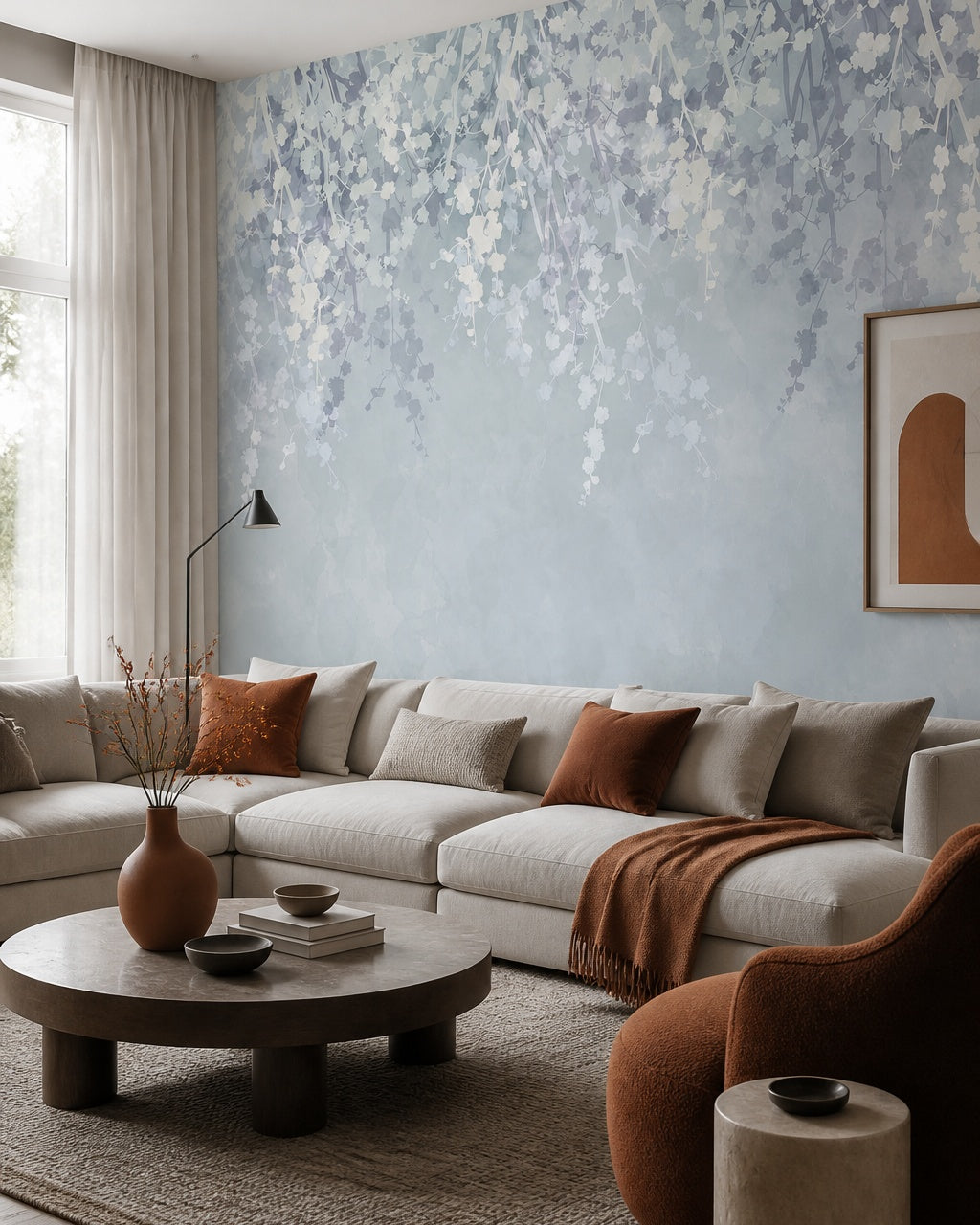 Wisteria wallpaper in a designer living room.