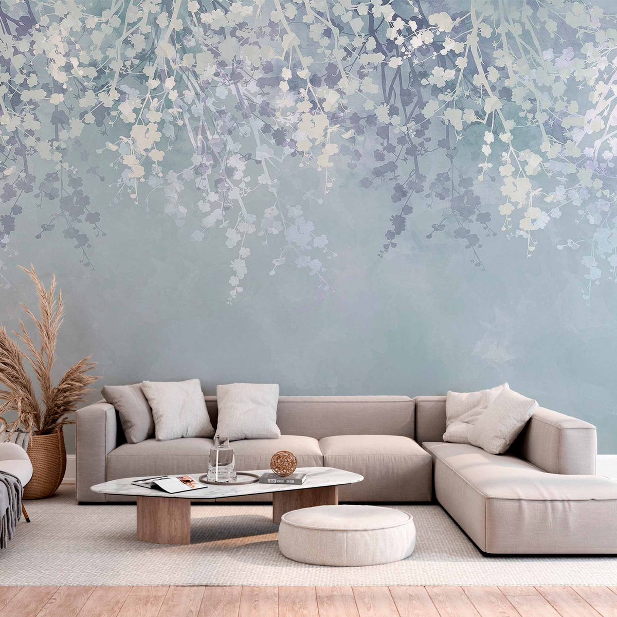 Custom Elegant Wisteria and Blossoms Wall Mural - Delicate White and Lavender Floral Design on Soft Blue Background Wallpaper