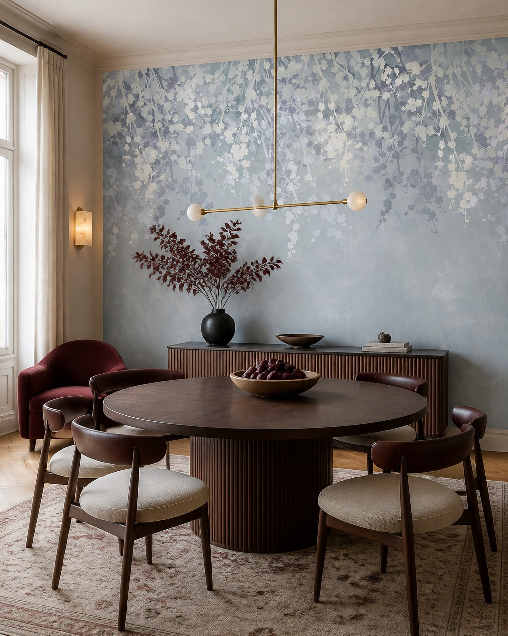 Wisteria wallpaper in a refined dining area.