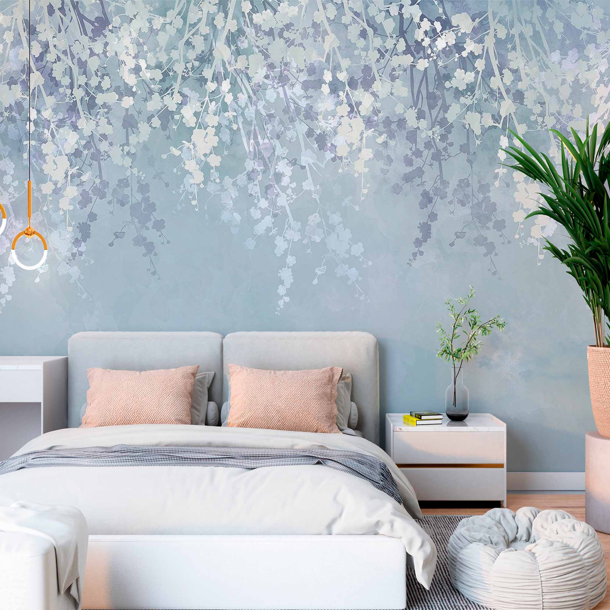 Elegant Wisteria and Blossoms Wall Mural - Delicate White and Lavender Floral Design on Soft Blue Background Wallpaper