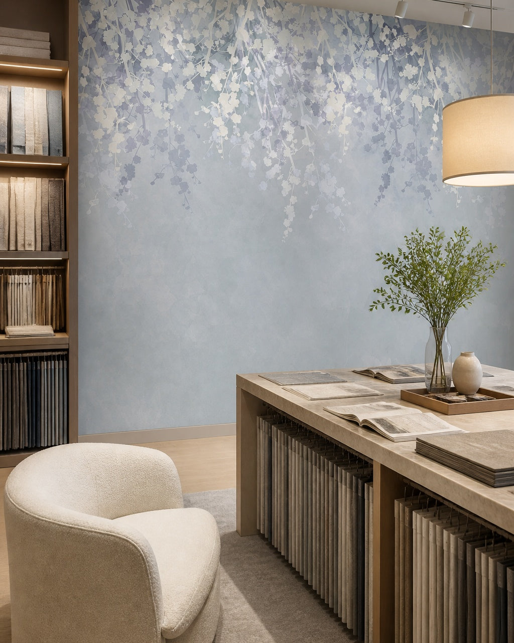 Wisteria wallpaper in a design showroom.