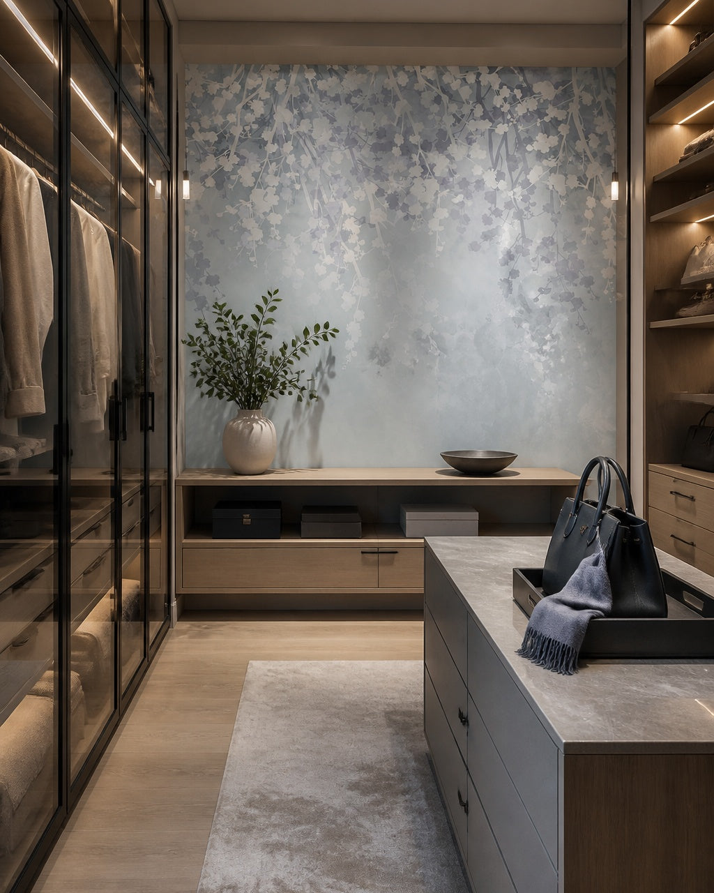 Wisteria wallpaper in a walk-in wardrobe.