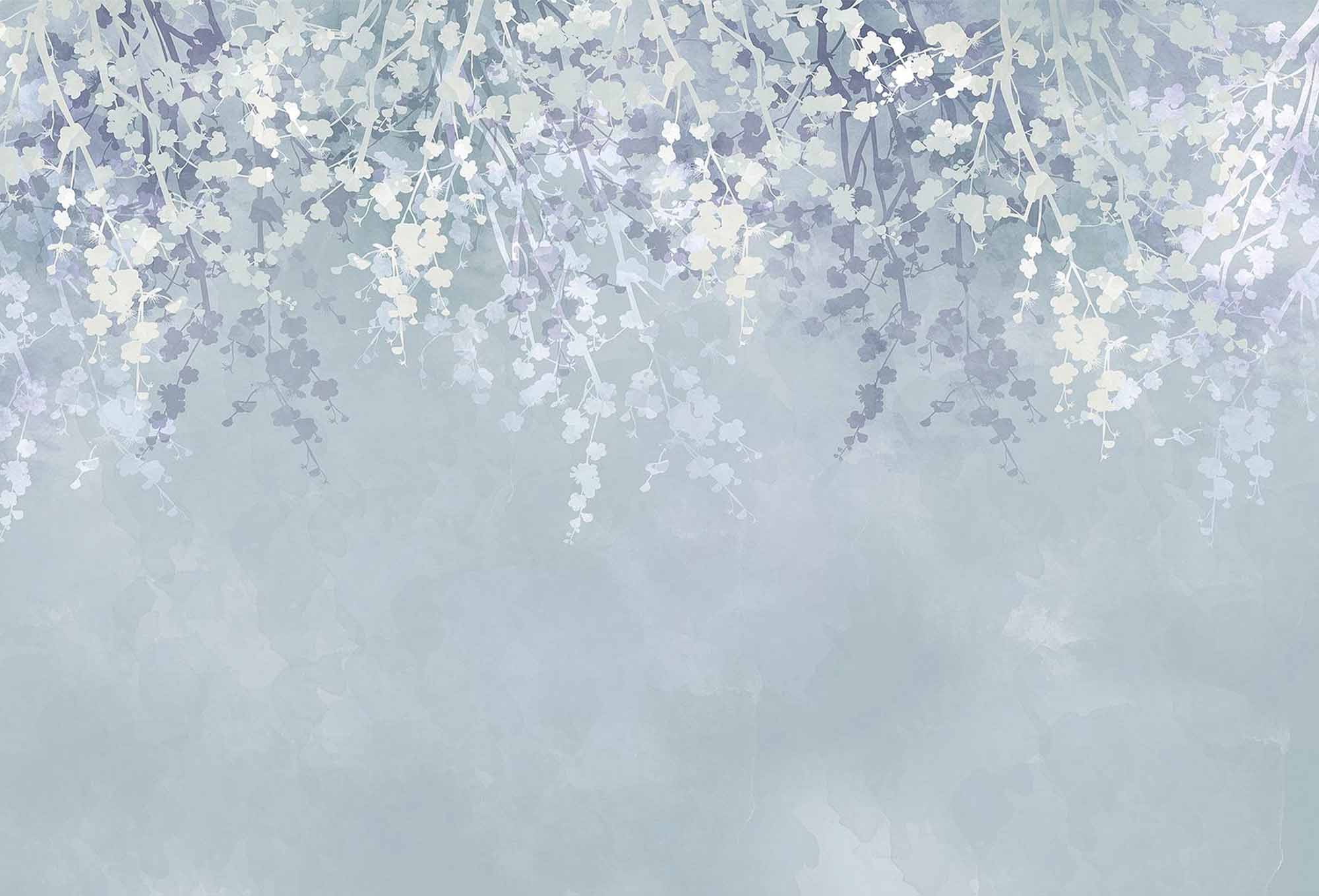 Elegant Wisteria and Blossoms Wall Mural - Delicate White and Lavender Floral Design on Soft Blue Background Wallpaper