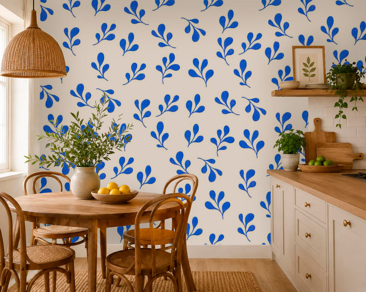 Blue leaf wallpaper used above white bathroom wall tiles with wood vanity and black framed mirror.