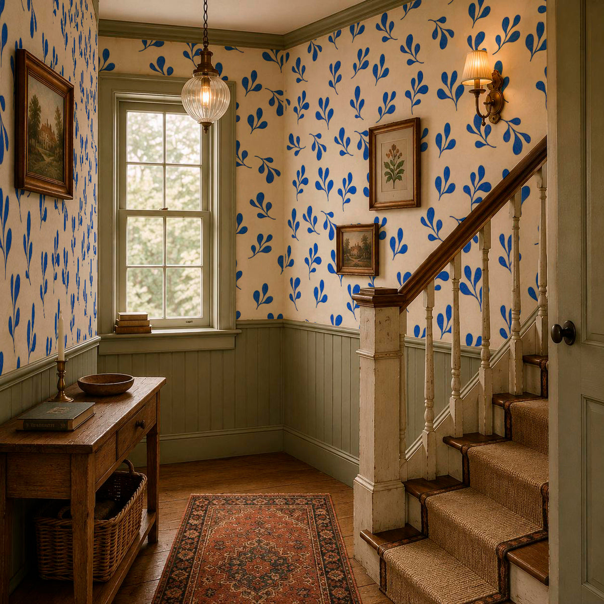 Cobalt blue botanical wallpaper with repeating hand-painted leaf pattern in a warm modern kitchen.
