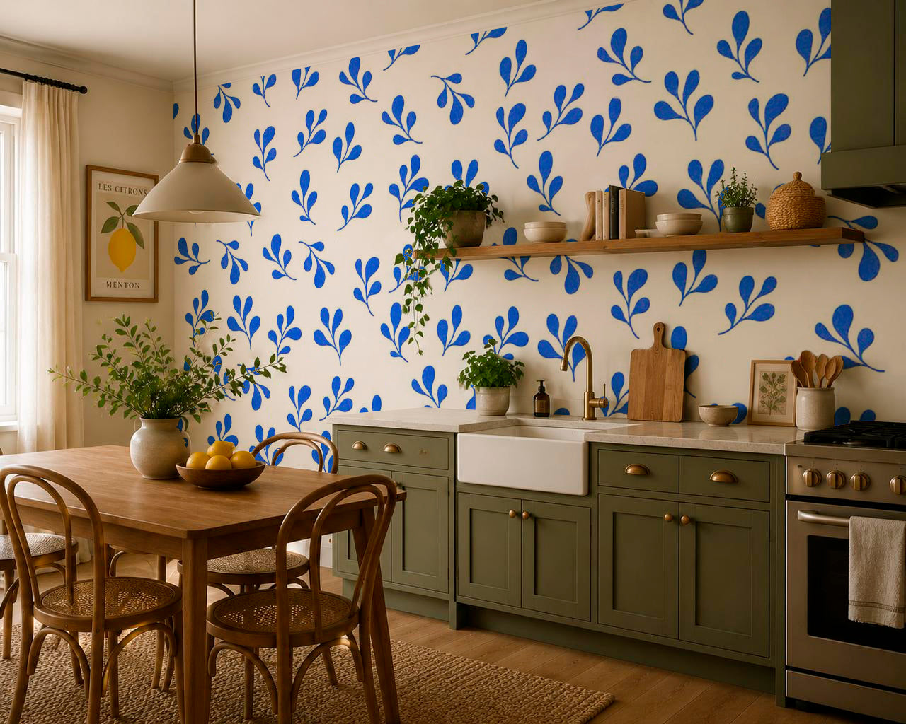 Blue botanical wallpaper in a cozy kitchen with olive green cabinets, farmhouse sink and natural wood dining table.