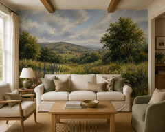 Painted countryside landscape wallpaper behind a white sofa in a bright farmhouse living room.