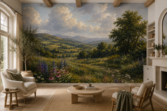 Painted countryside landscape wallpaper in a living room with fireplace and natural wood furniture.
