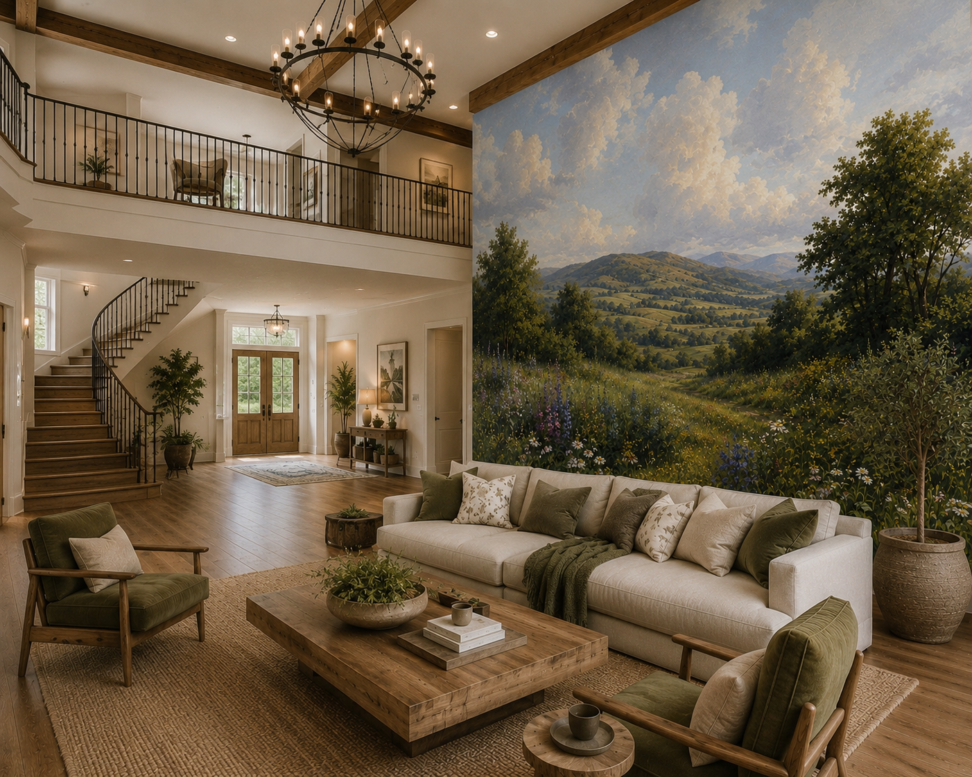 Painted countryside landscape wallpaper in a double-height living room with staircase and chandelier.