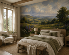 Painted countryside landscape wallpaper behind the bed in a cozy bedroom with sage green bedding.