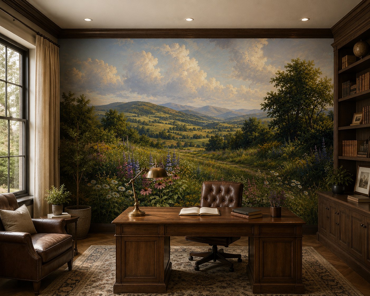 Painted countryside landscape wallpaper in a traditional home office with wooden desk and bookshelves.