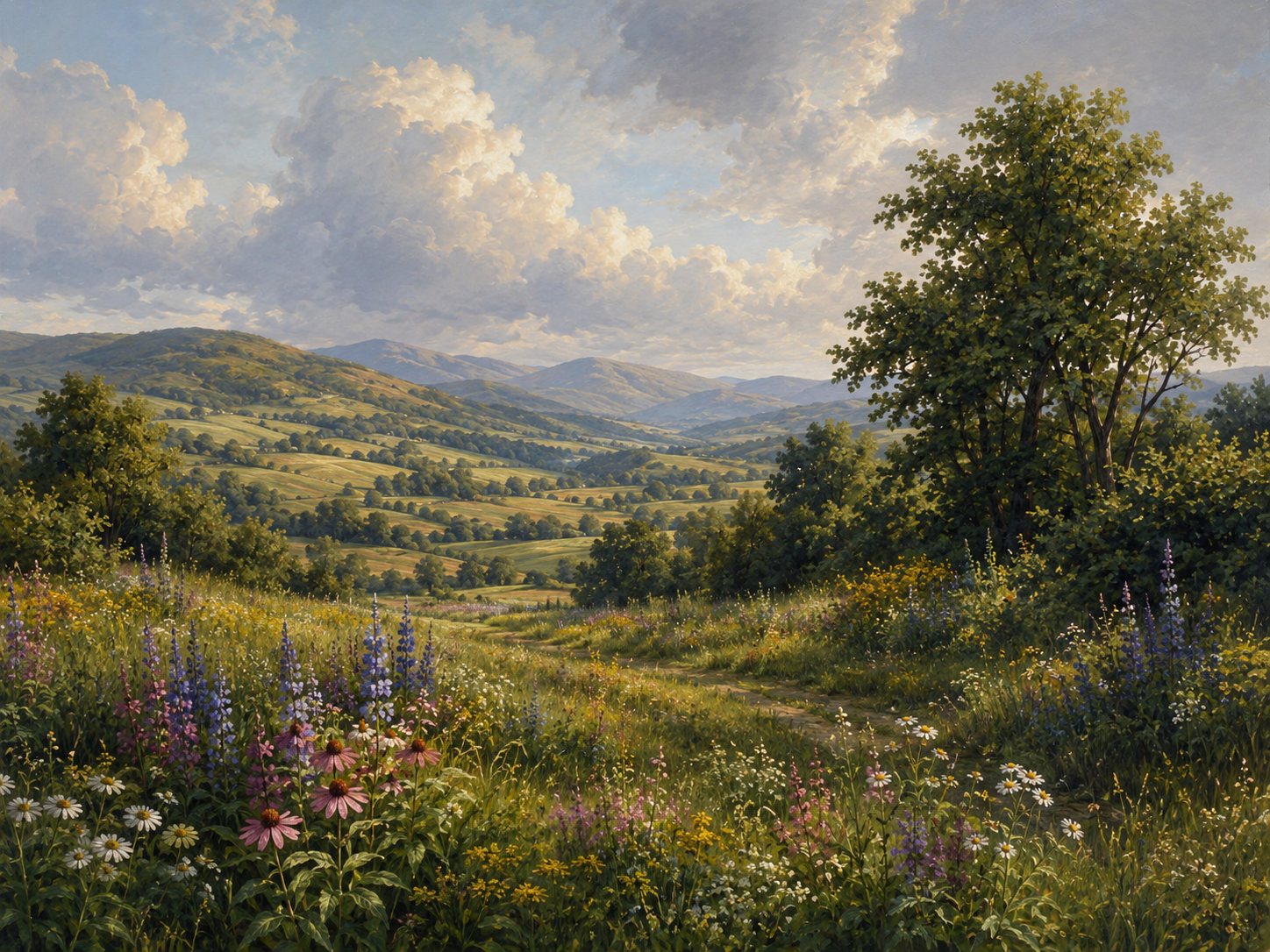 Painted landscape wallpaper with rolling green hills, distant mountains, wildflower meadow, oak tree and blue sky with clouds.