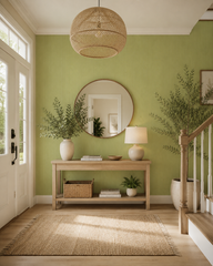 Pistachio green textured wallpaper in an entryway with round mirror and wooden console.