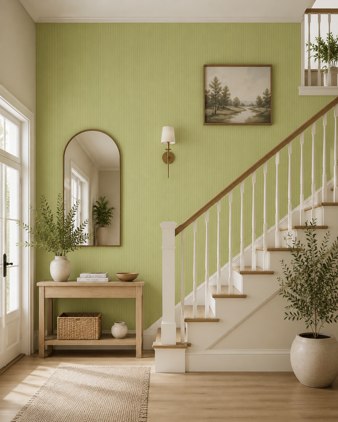 Pistachio green textured wallpaper in a staircase hall with arched mirror.