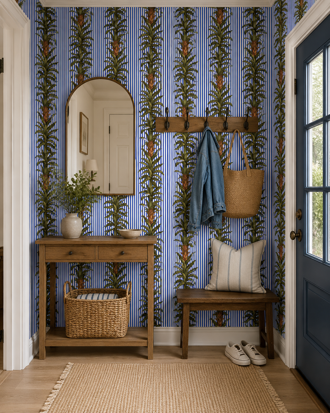 Blue stripe botanical wallpaper in a mudroom entry with wooden bench and coat hooks.