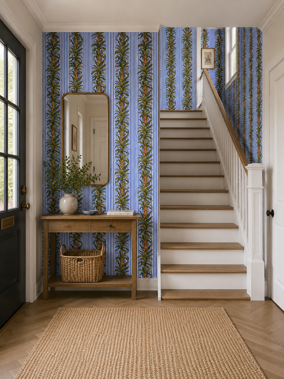 Blue stripe botanical wallpaper in an entryway with staircase and jute rug.