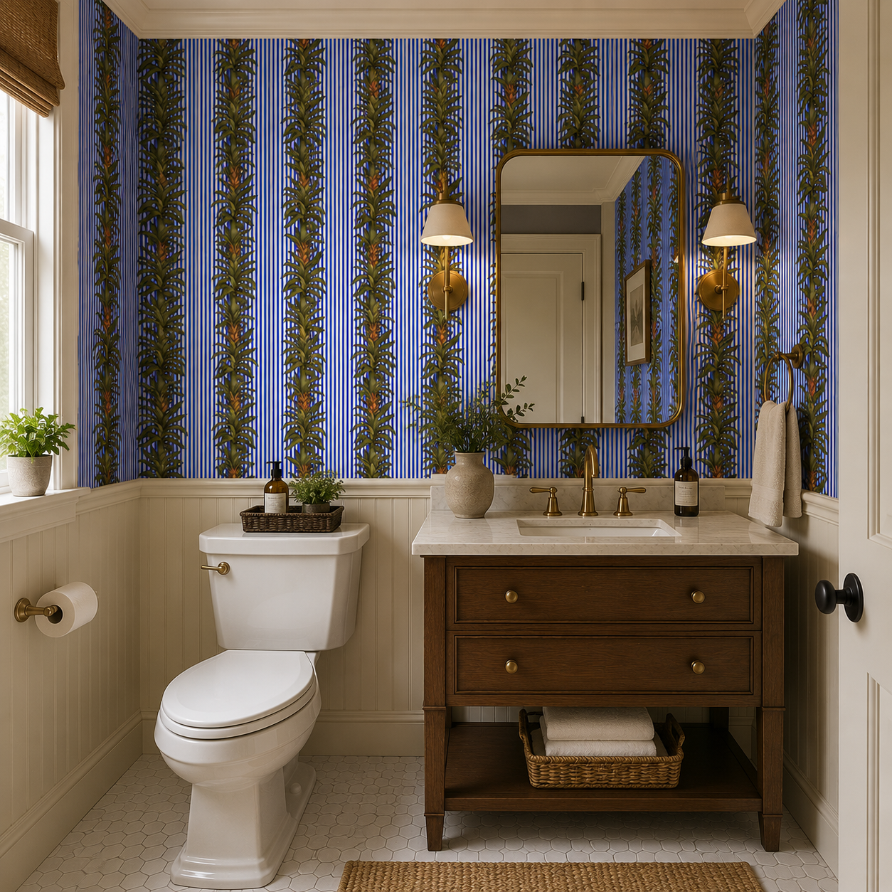 Blue stripe botanical wallpaper in a bathroom with wooden vanity and brass sconces.