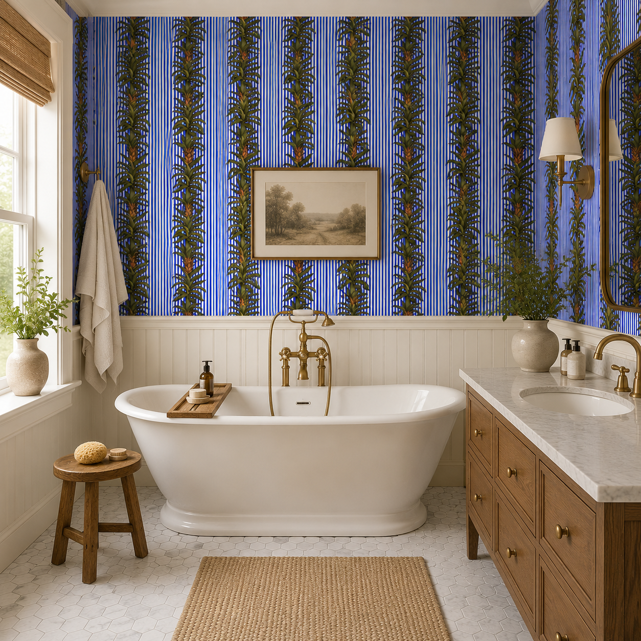 Blue stripe botanical wallpaper in a bathroom with freestanding tub and wainscoting.