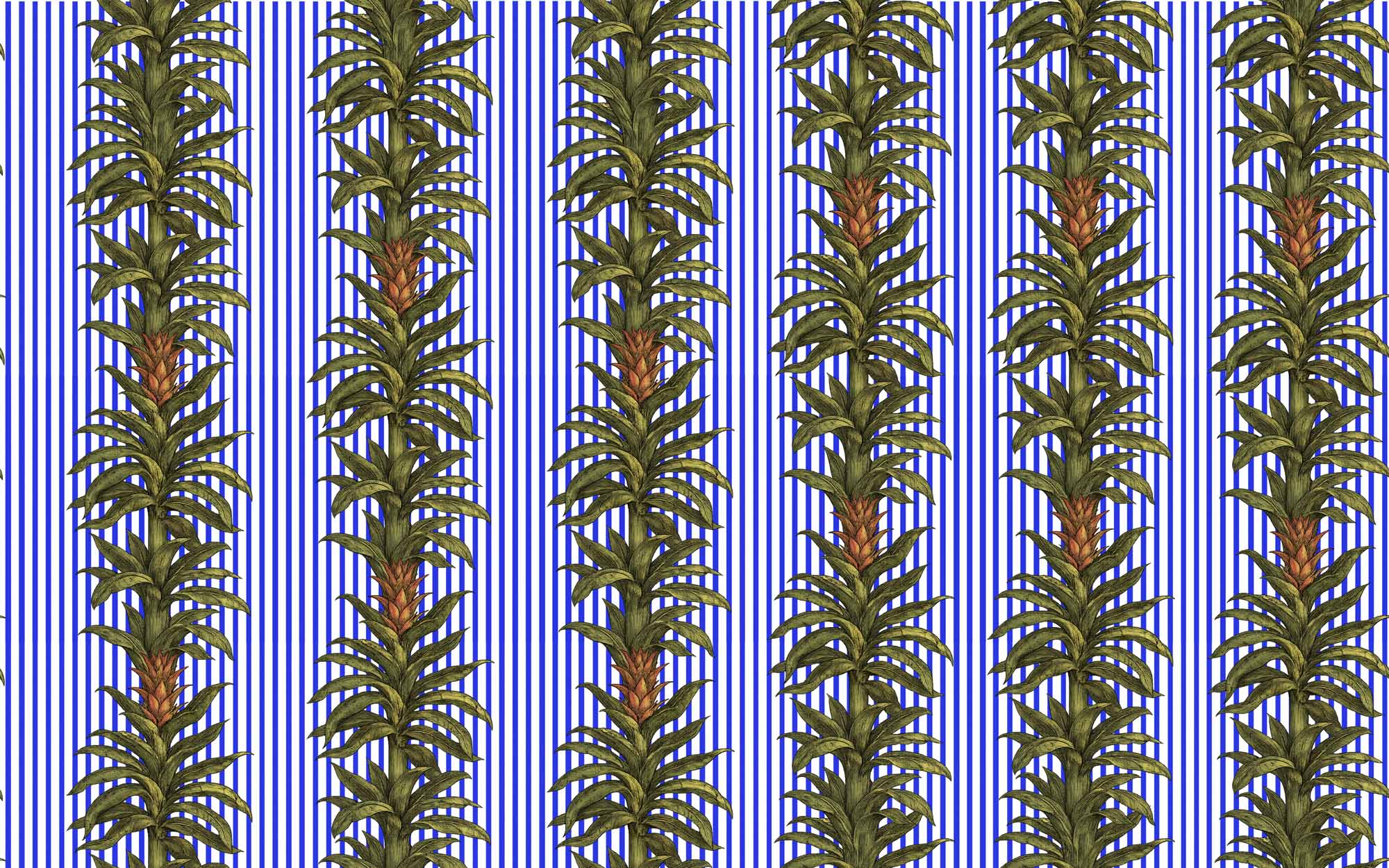Periwinkle blue and white pinstripe wallpaper with vertical trailing green palm garland vines.