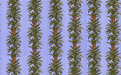 Periwinkle blue and white pinstripe wallpaper with vertical trailing green palm garland vines.