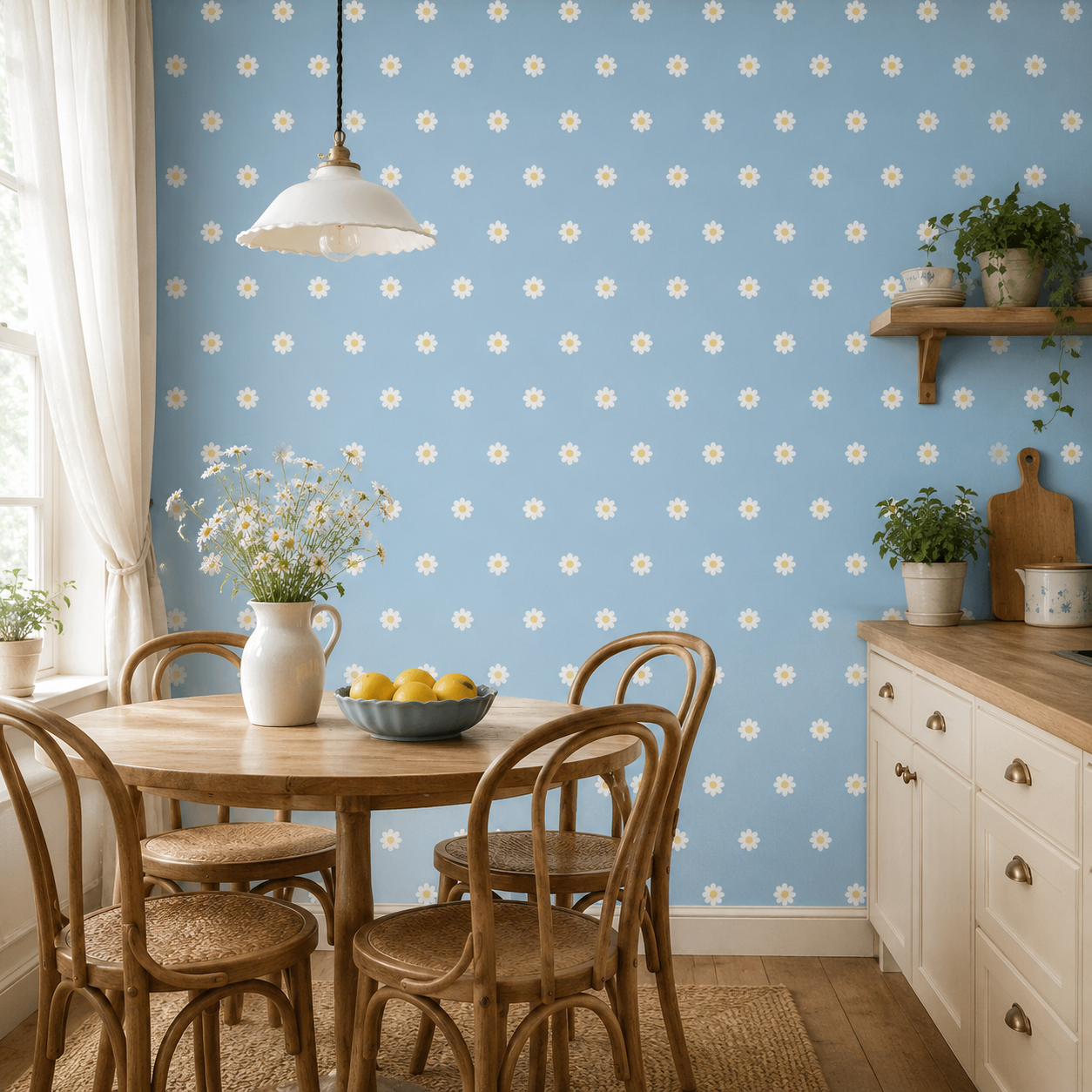 Powder blue daisy wallpaper in a cottage kitchen with round wooden table and bentwood chairs.