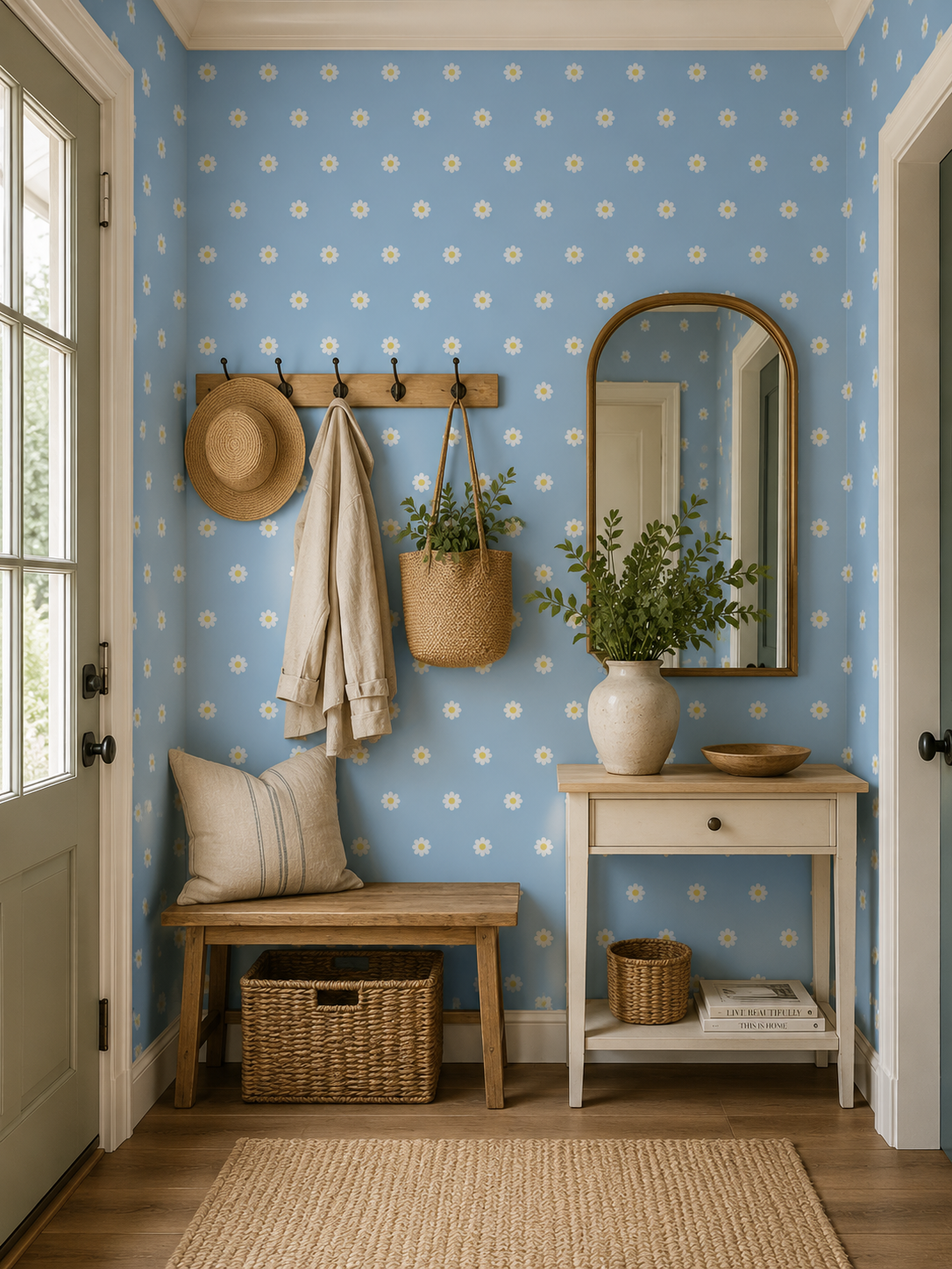 Powder blue daisy wallpaper in an entryway with coat hooks and wooden bench.