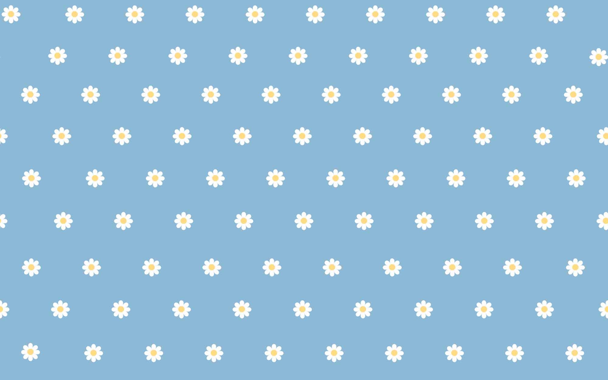 Powder blue wallpaper with a spaced pattern of small white daisies.