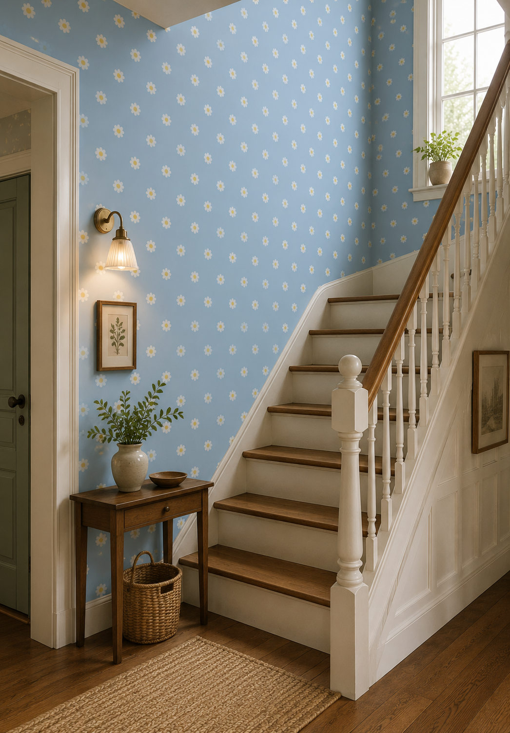 Powder blue daisy wallpaper in a bright staircase entry hall.