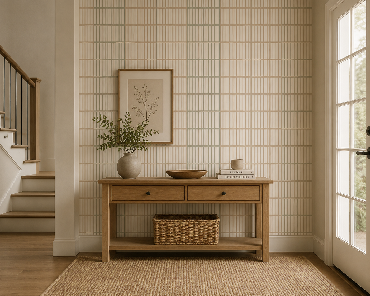 Cream tile effect wallpaper in an entryway with staircase and wooden console.