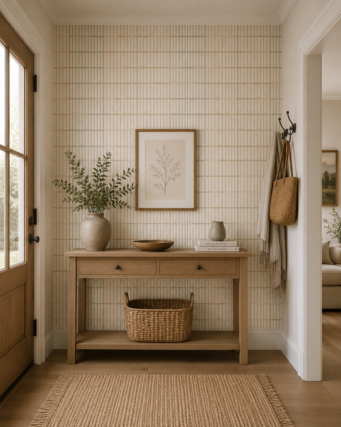 Cream tile effect wallpaper in a bright entry hall with jute rug.