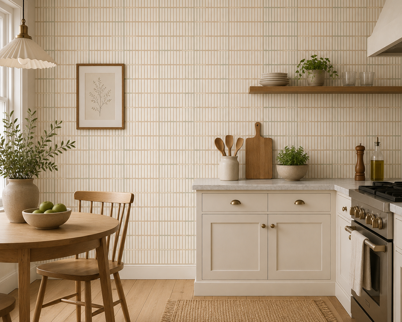 Cream tile effect wallpaper in a light kitchen with open shelf and cream cabinets.