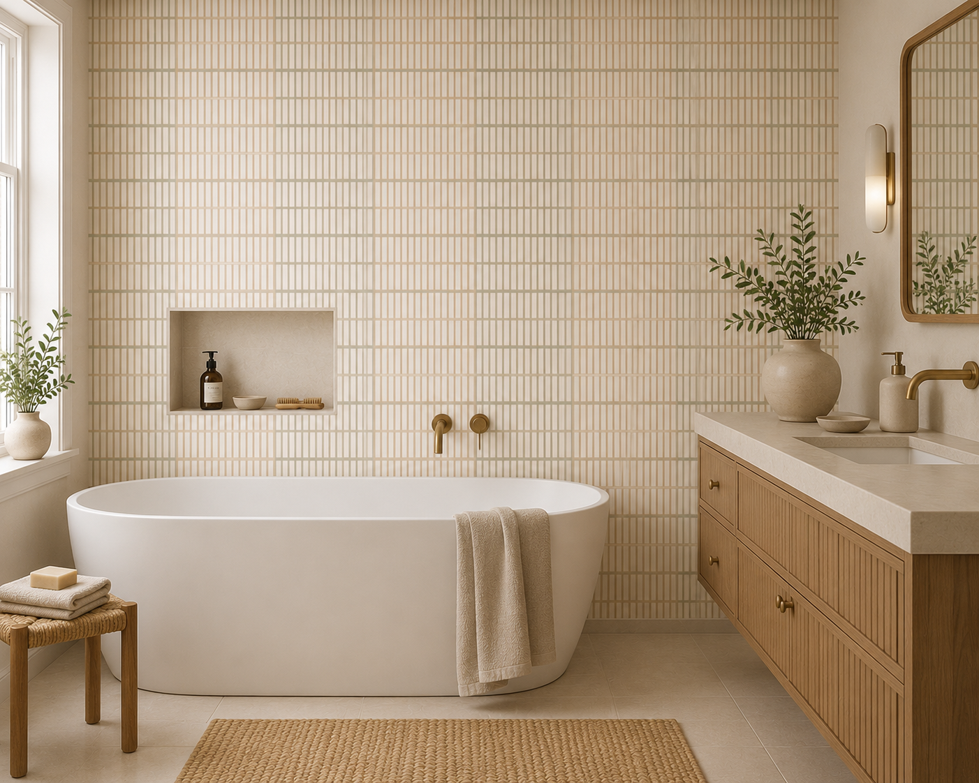Cream tile effect wallpaper in a bathroom with freestanding tub and oak vanity.