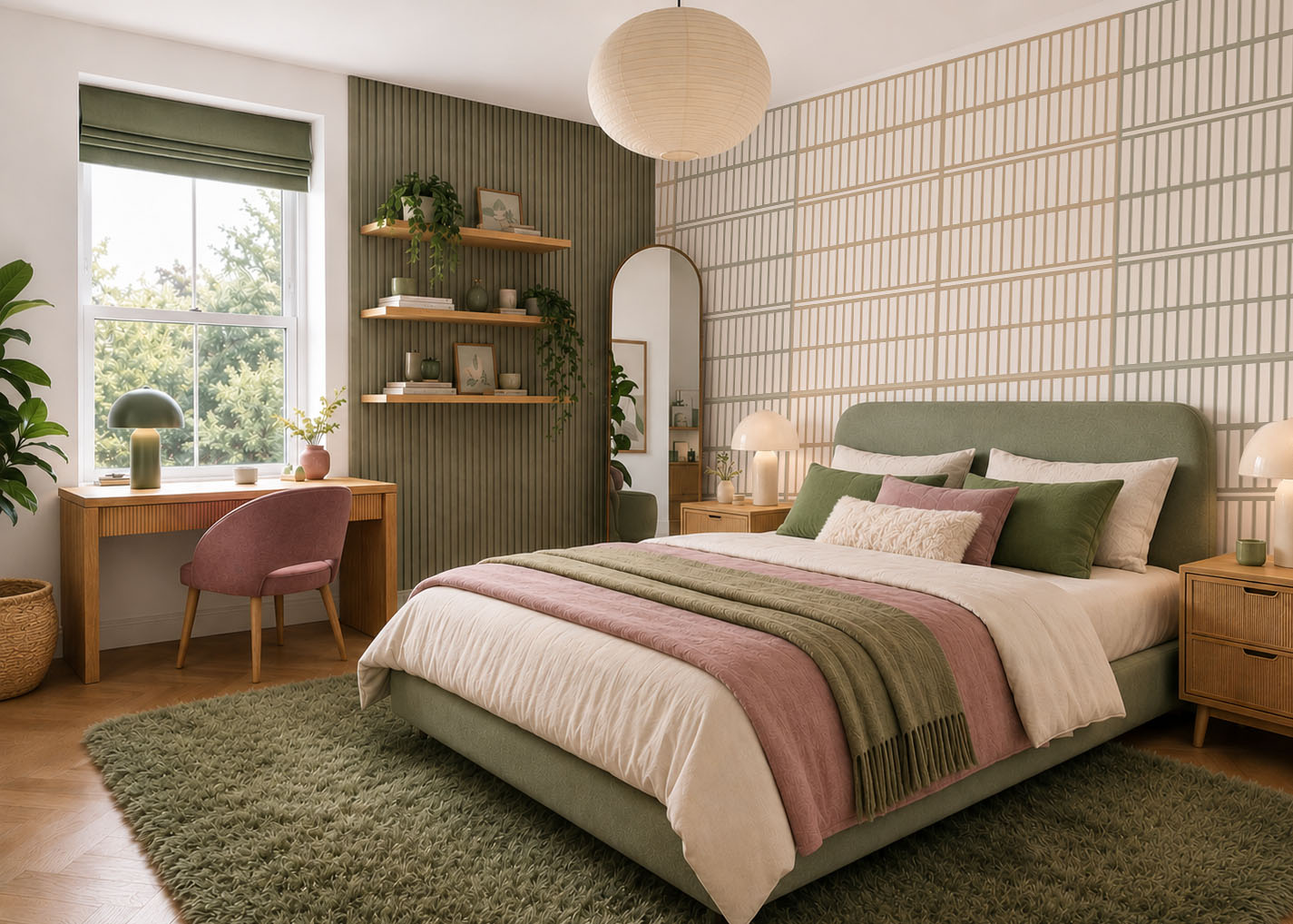 Cream tile effect wallpaper in a bedroom with sage green headboard and floating shelves.