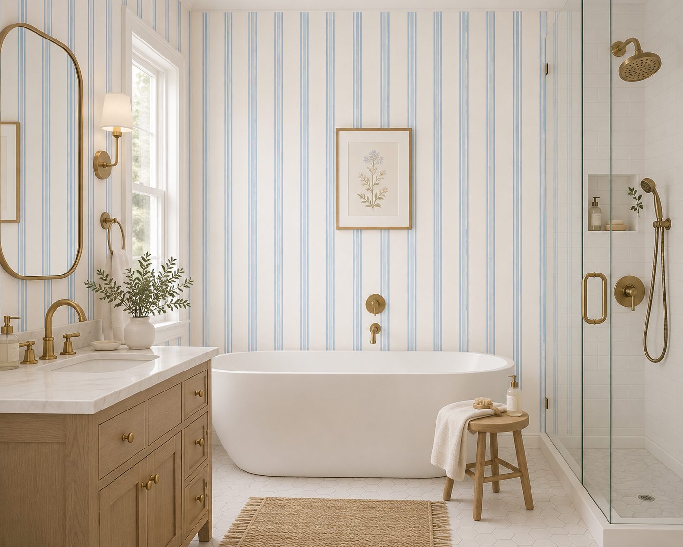 Blue and cream stripe wallpaper in a bright bathroom with freestanding tub and glass shower.