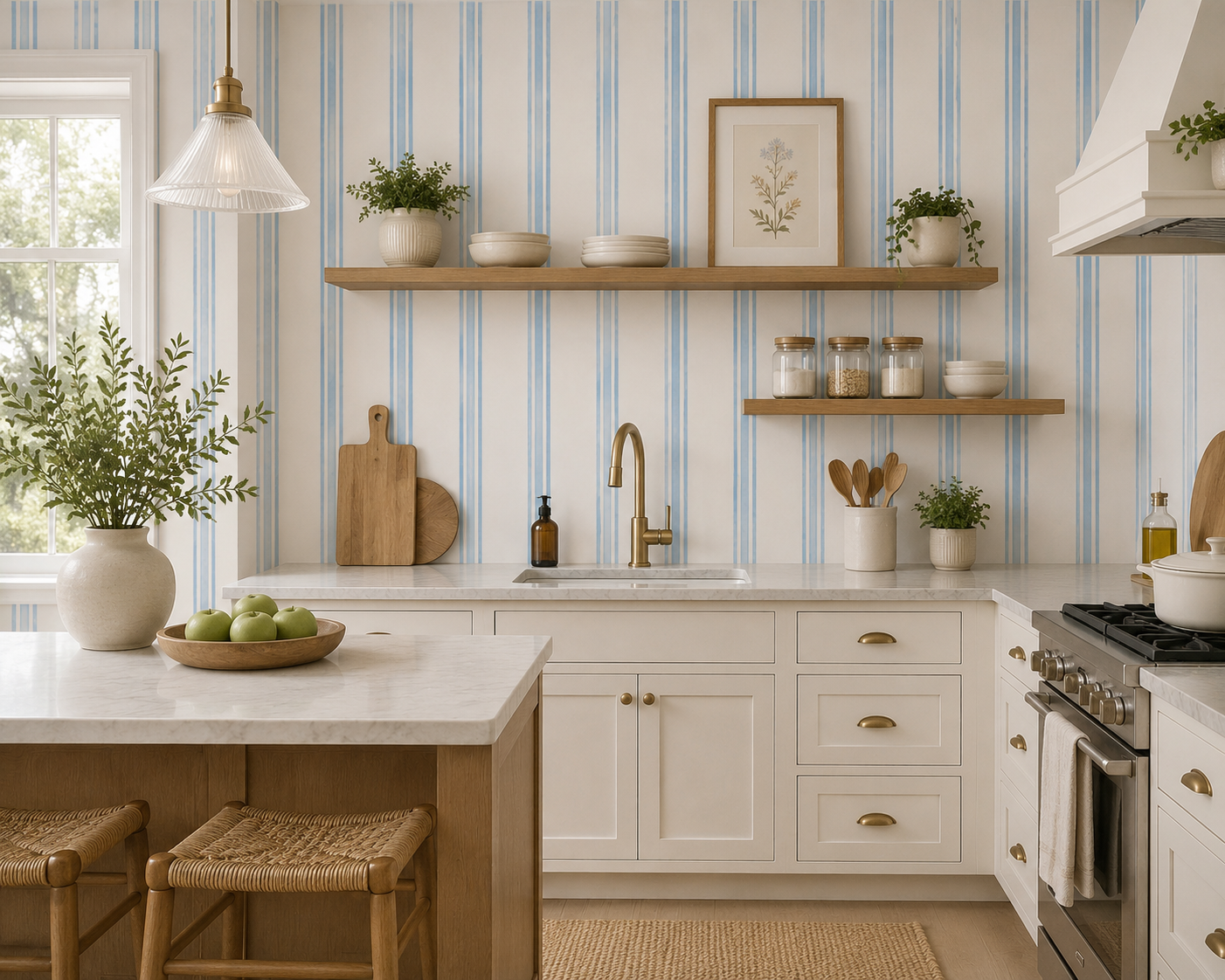 Blue and cream stripe wallpaper in a white kitchen with wooden open shelves.