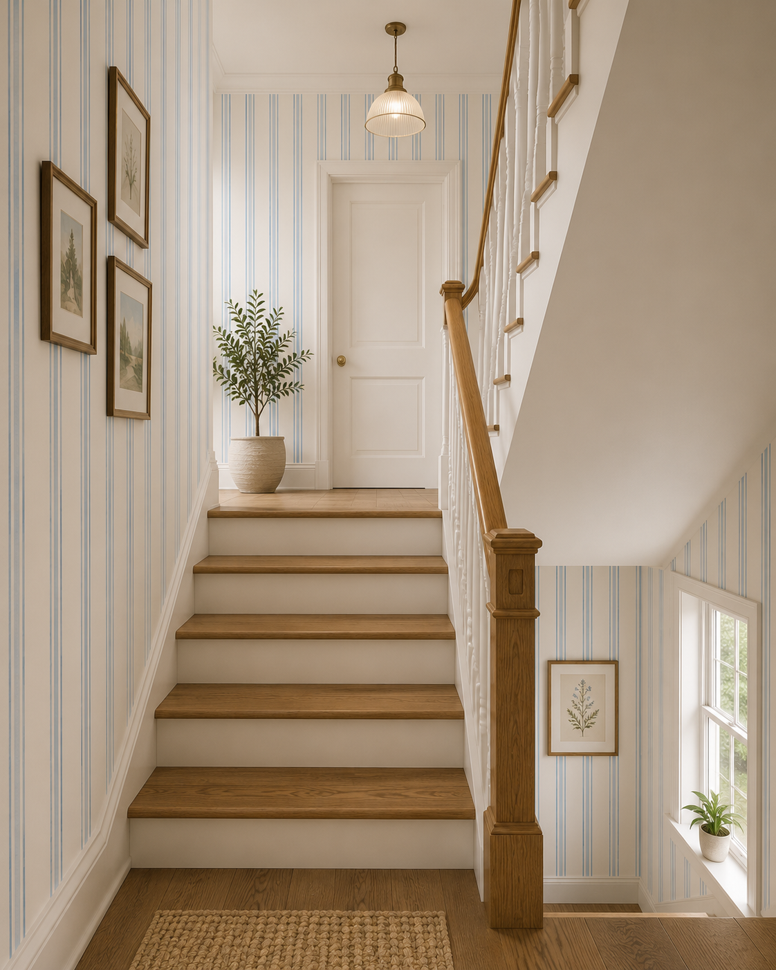 Blue and cream stripe wallpaper along a staircase with oak steps.