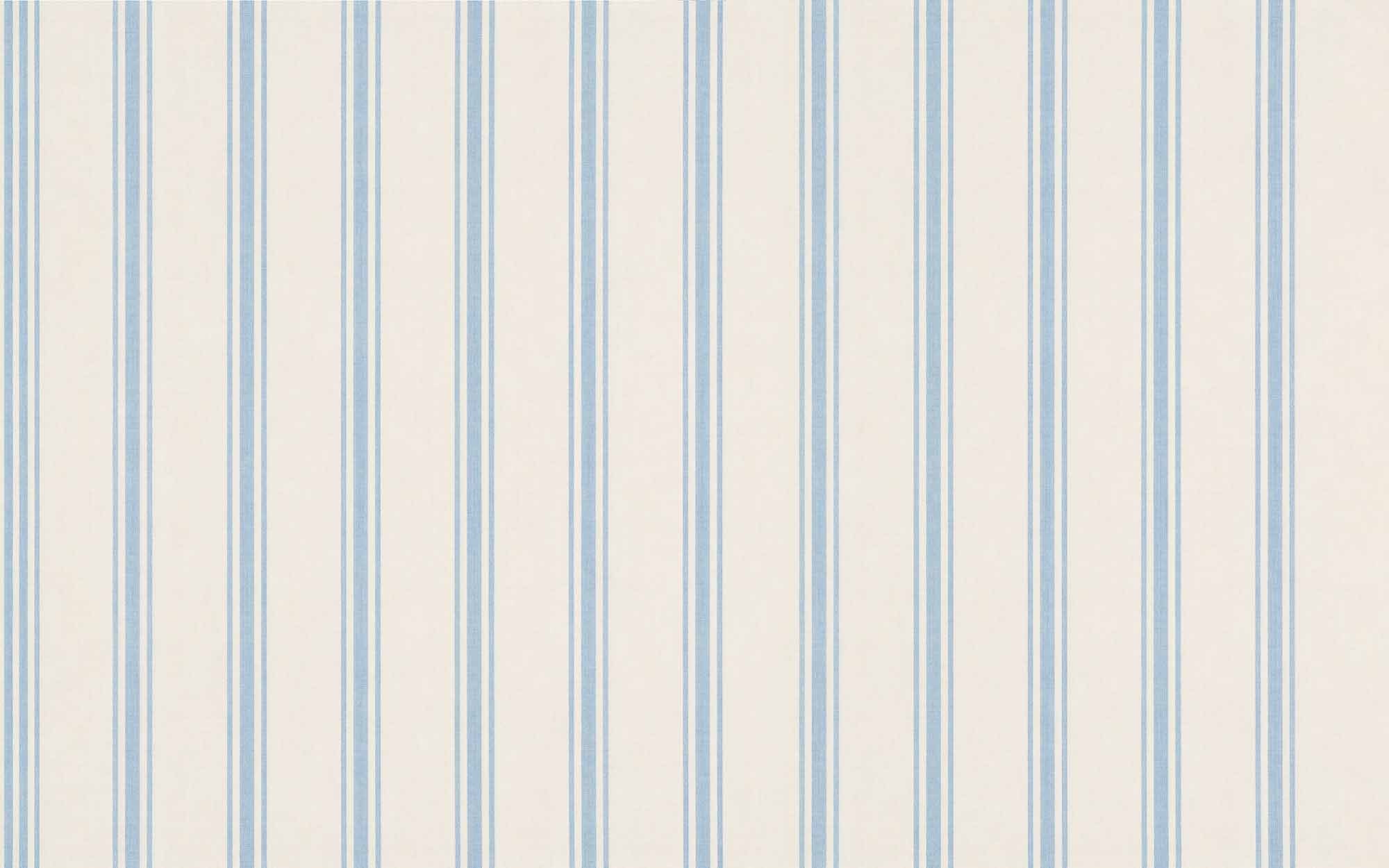 Classic wallpaper with soft blue and cream vertical ticking stripes.