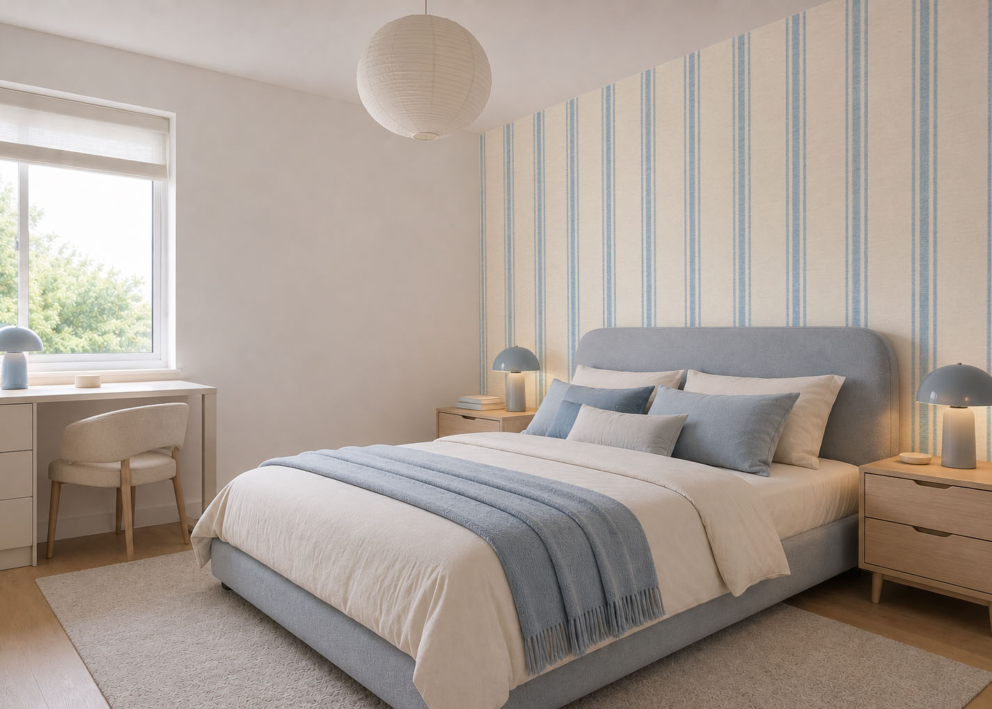 Blue and cream stripe wallpaper as an accent wall in a calm blue bedroom.