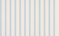 Classic wallpaper with soft blue and cream vertical ticking stripes.