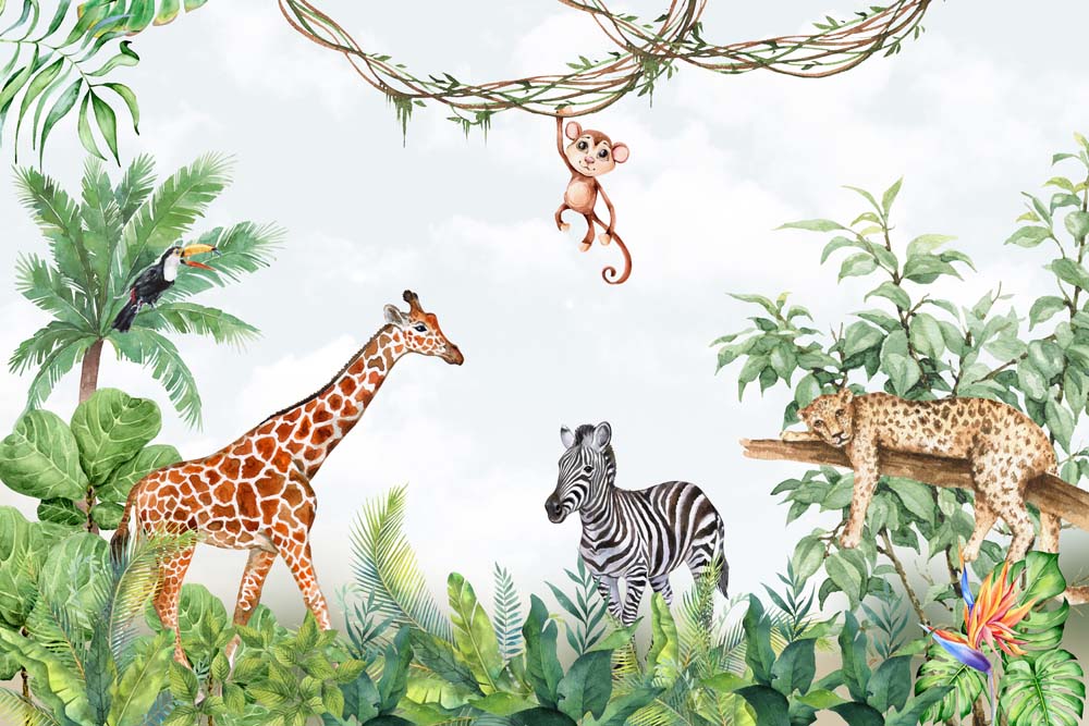 Kids Wall Mural Safari Animals Wall Art Jungle Wallpaper for Kids Room