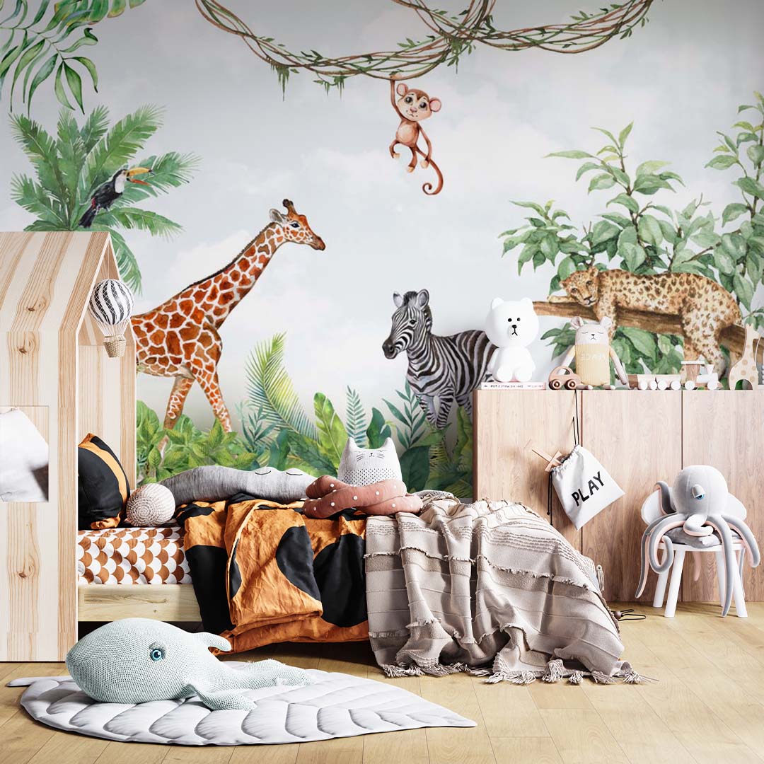 Kids Wall Mural Safari Animals Wall Art Jungle Wallpaper for Kids Room