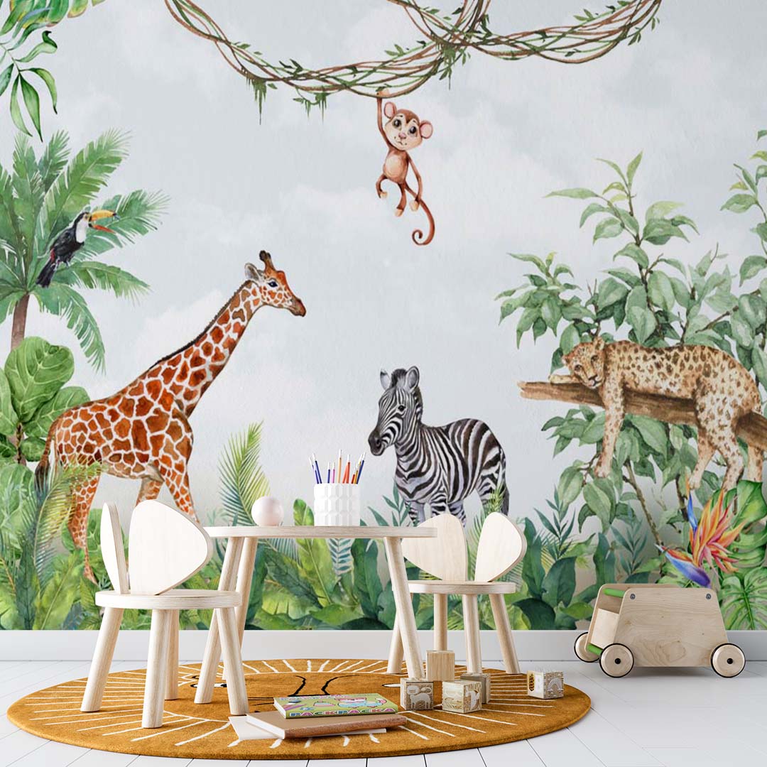 Kids Wall Mural Safari Animals Wall Art Jungle Wallpaper for Kids Room