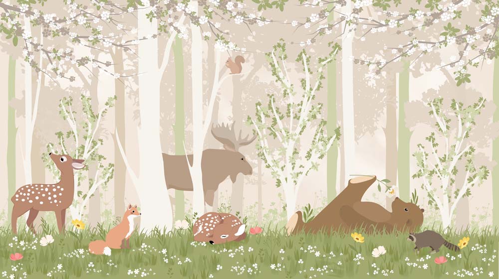 Kids Wall Mural Cartoon Forest Animals Fairy Meadow Wallpaper for Kids Room