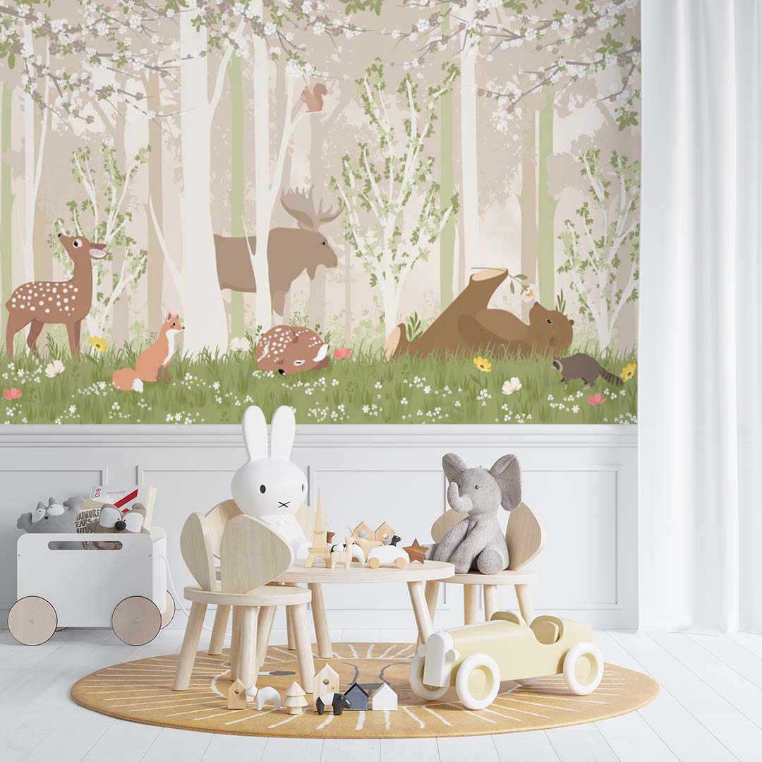 Kids Wall Mural Cartoon Forest Animals Fairy Meadow Wallpaper for Kids Room